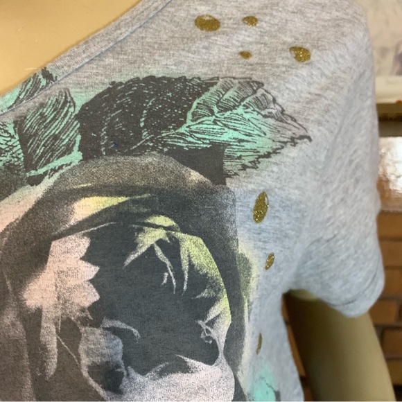 HANES GRAY AND PINK FLORAL PRINT W/GLITTER ACCENTS TEE SHIRT (XL) - Picture 5 of 8